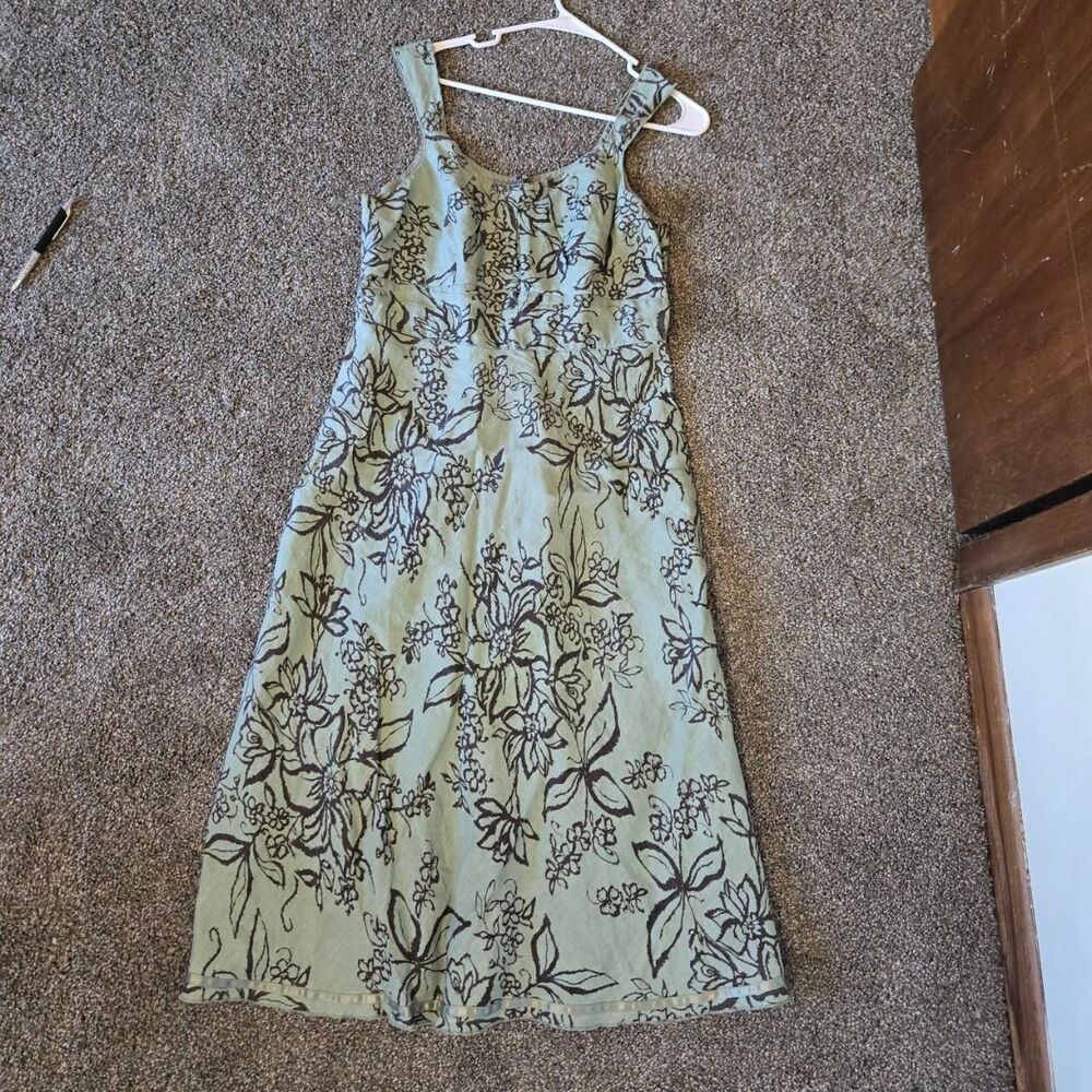 North Style Y2K 2000S Pure Linen Pleated Aline Midi Length Floral Nature Dress - Picture 2 of 7